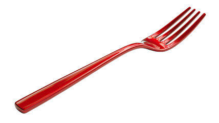 Isolated macro of a red metal fork and spoon tool set with a red wire cable design object on a white background