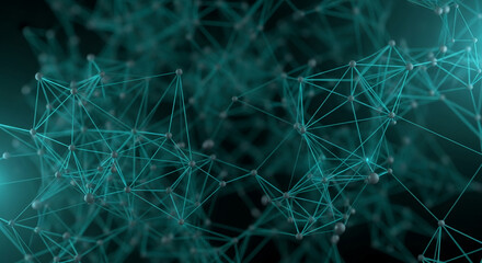 Abstract teal network spheres and lines on dark background, representing connection, technology, or communication concept, ideal for digital design