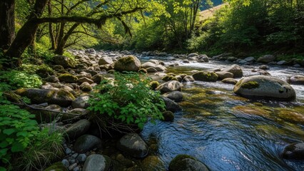 Obraz premium Tranquil river flowing through a lush green forest landscape under sunlight