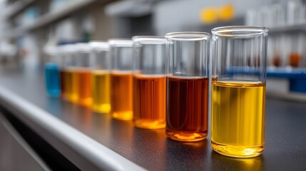 A row of laboratory beakers filled with colorful liquids of varying shades arranged on a scientific bench for research and analysis