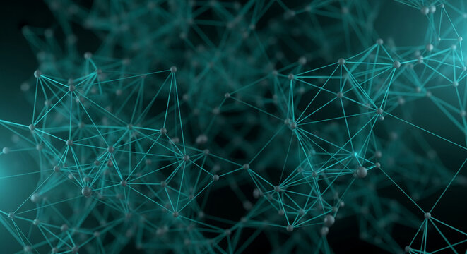 Abstract teal network spheres and lines on dark background, representing connection, technology, or communication concept, ideal for digital design - Powered by Adobe