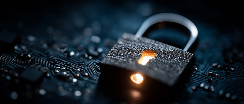 Macro photo of a closed metal lock with illuminated keyhole in the rain. Concept of digital security, data protection, privacy and reliability in cyberspace