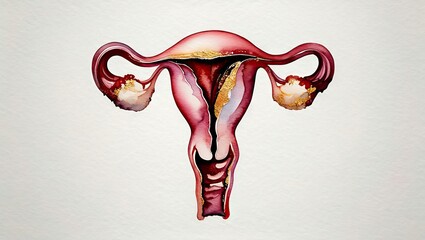 A stylized artistic painting of the female reproductive system rendered with soft organic tones. Generative AI.