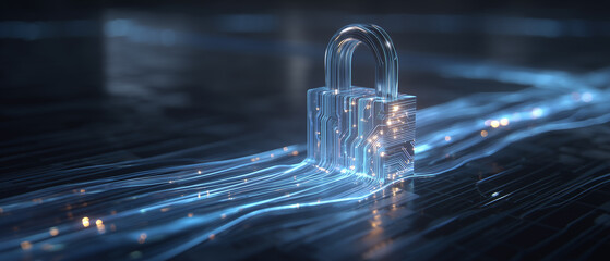 Futuristic transparent lock integrated into glowing digital data streams. Concept of network security, encrypted information transmission and protection in global cyberspace.