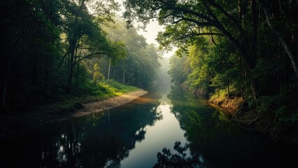 Tranquil river flowing through dense forest with sunlight and reflections