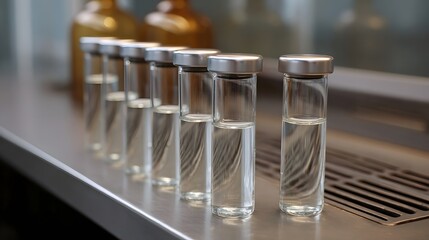 A line of clear liquid filled glass vials arranged on a laboratory counter