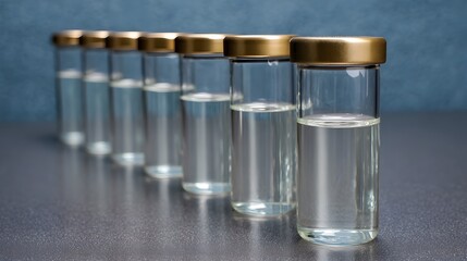 A row of clear liquid filled vials with golden caps arranged on a reflective surface
