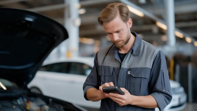 In a modern workshop, specialists connect scanners and sensors for accurate engine checks, integrating diagnostics into comprehensive car inspection and repair workflows. cinematic color