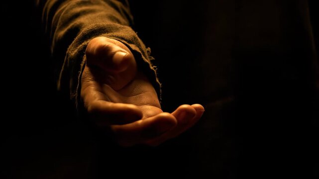 Close up of a person's outstretched hand with palm up wearing a tattered sleeve in dramatic low key lighting, concept for donation campaign, humanitarian aid and social issues awareness
