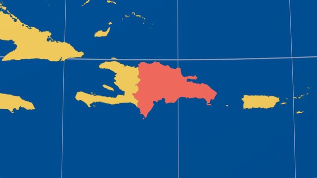 Dominican Republic on Globe. Animated zoom into the country in Ocean Blue Golden Yellow color palette. Dominican Republic logo animation. Map with meridians, parallels. Trending video.