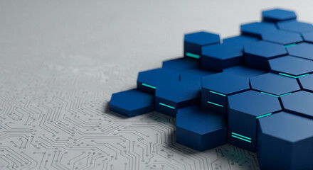 Abstract image of blue hexagonal shapes on a circuit board background, showcasing a technological or digital concept, ideal for tech presentations or website banners, free space for text
