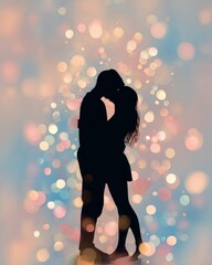Romantic kiss between silhouetted couple magical background digital art soft bokeh lights intimate perspective