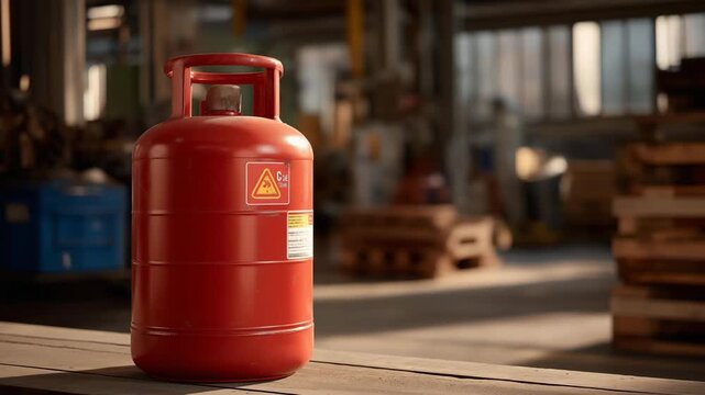 Red LPG gas cylinder with warning sign placed in an industrial context, communicating fuel hazard awareness, safety compliance, and risk management practices. cinematic color correction, natural