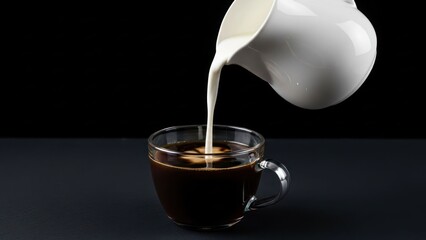 Cream being poured from a white pitcher into a cup of dark liquid