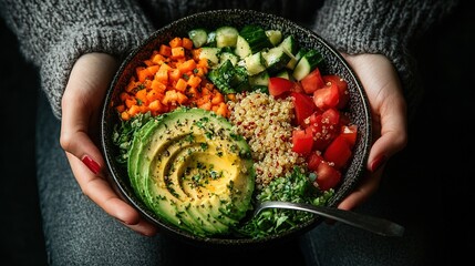 Healthy salad bowl with segmented ingredients, avocado quinoa carrot light meal, for healthy diet promotion & light food menu design