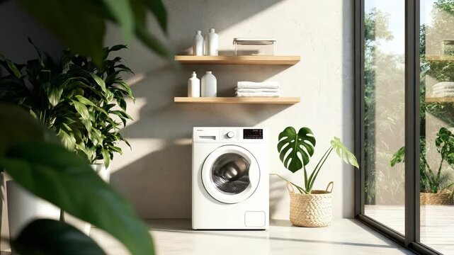 Modern washing machine in a bright, biophilic laundry room featuring wooden shelves and lush potted plants, concept for appliance advertising, interior design and sustainable home concept