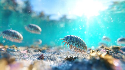 Underwater scene with small creatures swimming in clear water during daytime