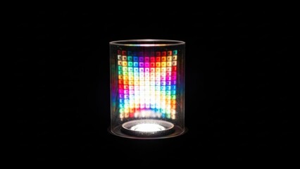 Cylindrical display with vibrant pixelated rainbow light against black backdrop