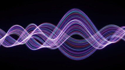 Colorful, curved lines form a wave pattern against a dark background