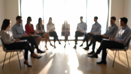 Blurred silhouettes of office colleagues seated in a bright circle formation for discussion, concept for team building, management consulting and staff recruitment