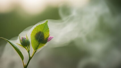 Delicate plant with pink buds and green leaf, vapor in soft focus background