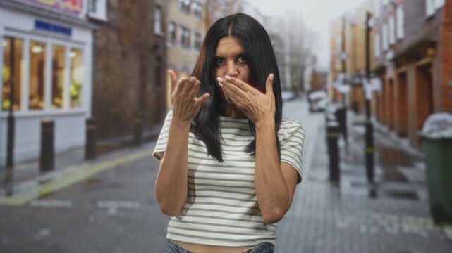 Woman with hand covering mouth and other hand making a beckon gesture on a wet cobbled street; playful flirtation.