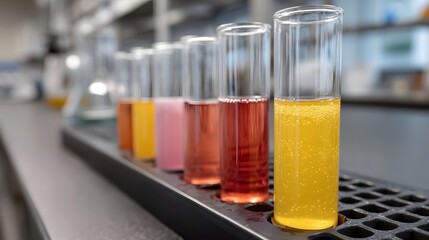 A row of glass test tubes containing colorful liquids with visible bubbles set in a laboratory