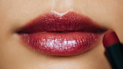 Bright red lipstick applied on lips during beauty routine in evening light