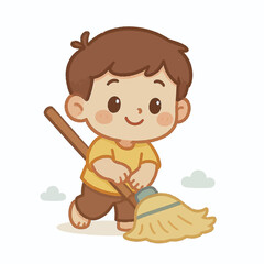 Fototapeta premium Cute cartoon boy happily sweeping the floor with a broom, illustrating cleanliness and childhood chores, with a soft, friendly aesthetic