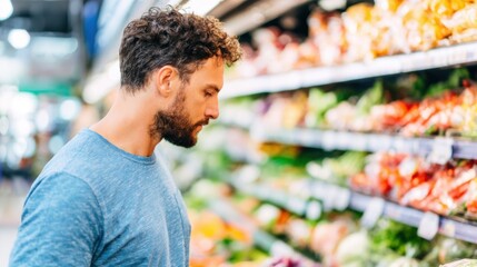 Man looks at fresh vegetables in supermarket during afternoon hours