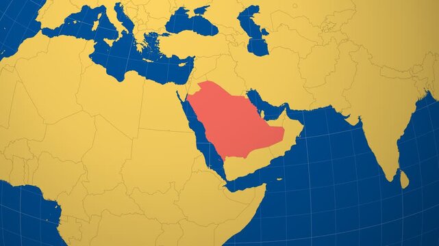 Saudi Arabia on Globe. Animated zoom into the country in Ocean Blue Golden Yellow color palette. Saudi Arabia logo animation. Map with meridians, parallels. Classy video.