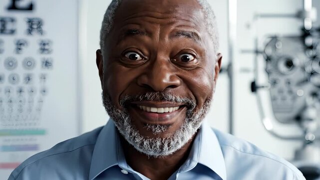 Elderly man at eye doctor, testing vision with glasses, eye chart in background.