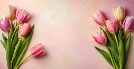 Fototapeta premium Pink tulips bloom, framing empty space. Soft pastel background creates gentle floral display. Springtime beauty, delicate petals.