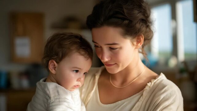 Multitasking mother handling household chores while comforting a child, tenderness combined with efficiency highlighting emotional and practical balance. cinematic color correction, natural uneven