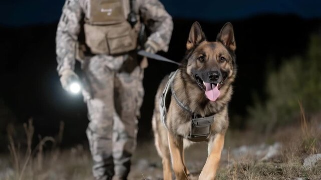 Nighttime K9 operation with handler and dog moving through low light, flashlight beams cutting through darkness to convey high-risk police work. cinematic color correction, natural uneven lighting
