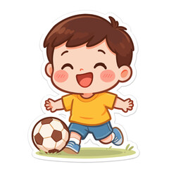 Adorable cartoon boy joyfully playing soccer, dribbling a football with a big smile, perfect for lively children's designs, energetic sports themes, and playful sticker art