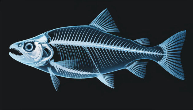 A detailed X-ray style photograph of a salmon fish skeleton against a pure black background 