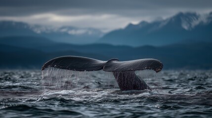 Obraz premium Majestic whale tail with water dripping in cold arctic sea, cinematic nature landscape at dusk.