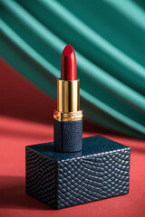 Vibrant red lipstick with elegant gold and textured navy casing on a chic box