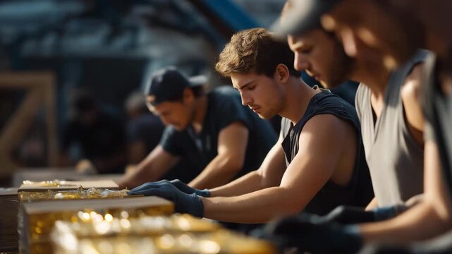 People preparing goods for delivery in an organized workspace, coordinated actions expressing efficiency, safety procedures, and dependable logistics management. cinematic color correction, natural