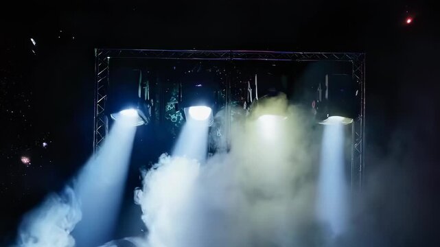 Stage lighting rig emitting bright beams through smoke, with a deep black background