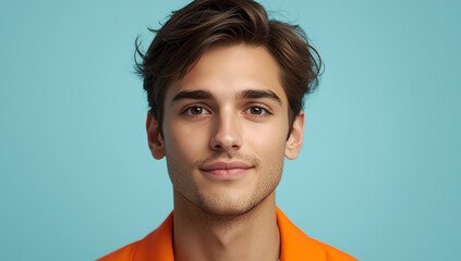Young Man With Small Black Dots On His Face And Beard Wearing Orange Jacket With Blue Background