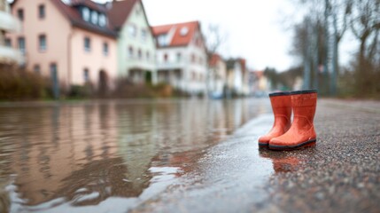 Red boots stand on wet street next to houses in rainy weather