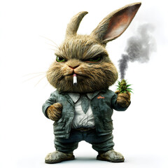 Grumpy rabbit character smoking while holding a cannabis plant