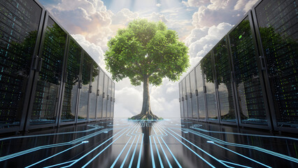 Server room with tree technology nature concept