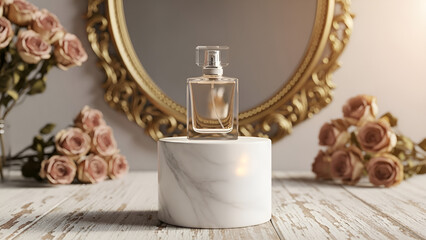 Elegant glass perfume bottle presentation on a white marble pedestal surrounded by antique pink roses and gilded baroque mirror reflection