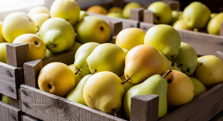 Close-up of yellow pears in rustic wooden crate, showcasing freshness and abundance, representative of healthy eating and harvest season