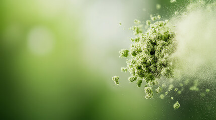 Close-up view of vibrant green particles and textures, conveying a sense of freshness and natural beauty in a soft-focus environment.