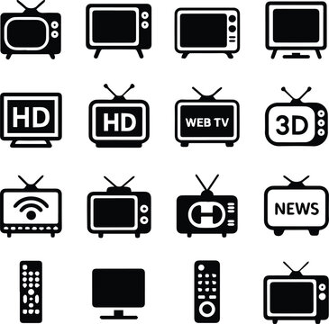 tv icon set television remote screen symbols grid vector pack