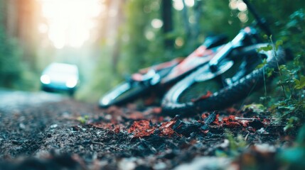 Bicycles resting on a dirt path in a forest during golden hour